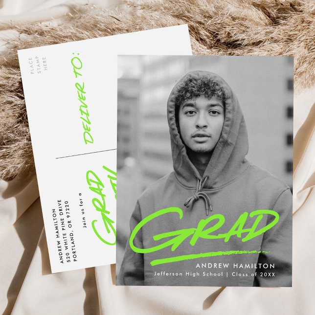 Modern Dashed Grad Lime Photo Graduation Party Invitation Postcard (Creator Uploaded)