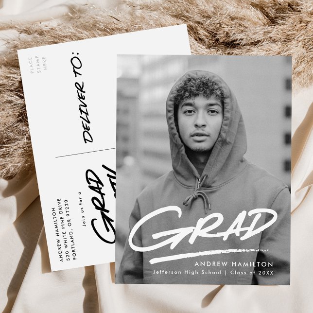 Modern Dashed Grad Photo Graduation Party Invitation Postcard (Creator Uploaded)