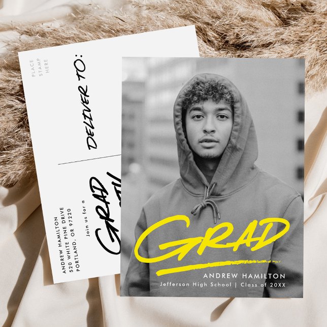 Modern Dashed Grad Yellow Photo Graduation Party Invitation Postcard (Creator Uploaded)