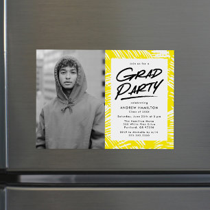 Modern Dashed Grad Yellow Photo Graduation Party Magnetic Invitation