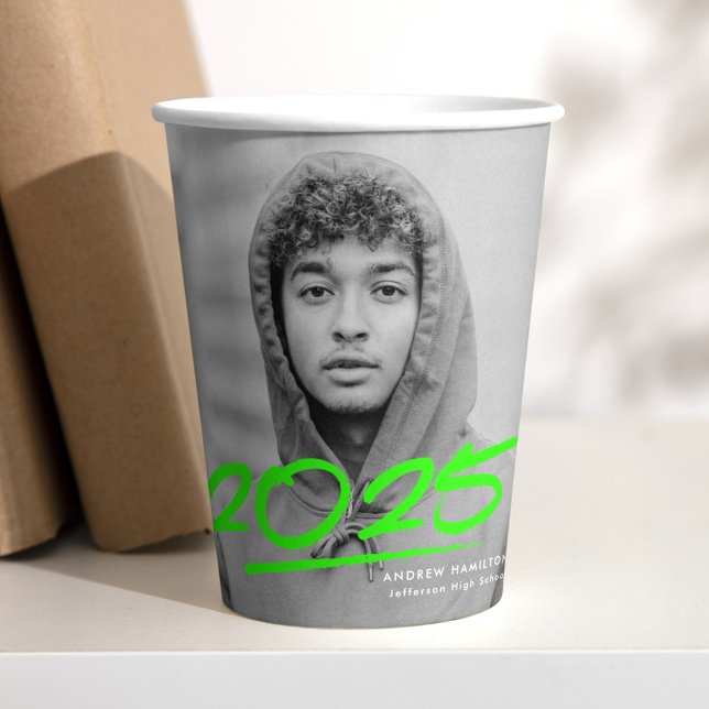 Modern Dashed Lime Green 2025 Photo Graduation Paper Cups (Creator Uploaded)