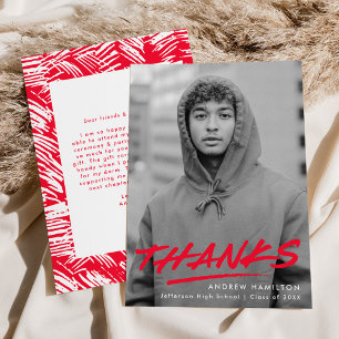 Modern Dashed Red Photo Graduation Thank You Card