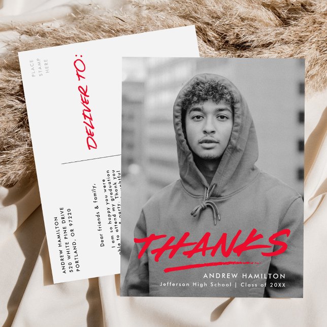 Modern Dashed Red Photo Graduation Thank You Postcard (Creator Uploaded)