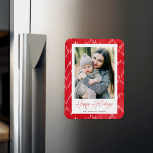 Modern Dashed Red Watercolor Holiday Photo Magnet