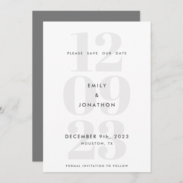 Modern Date Number Typography Grey Save The Date (Front/Back)