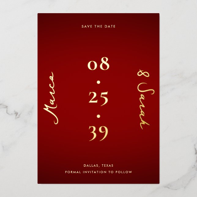 Modern Date | Red and Gold Wedding Save the Date (Front)