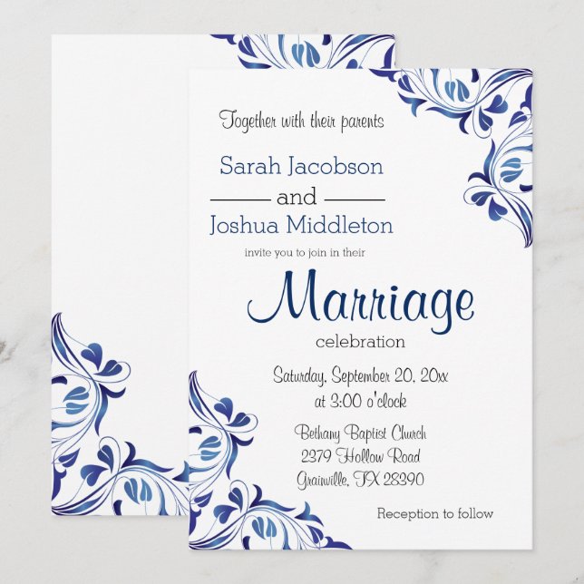 Modern Day Blue Sapphire Floral Invitation (Front/Back)