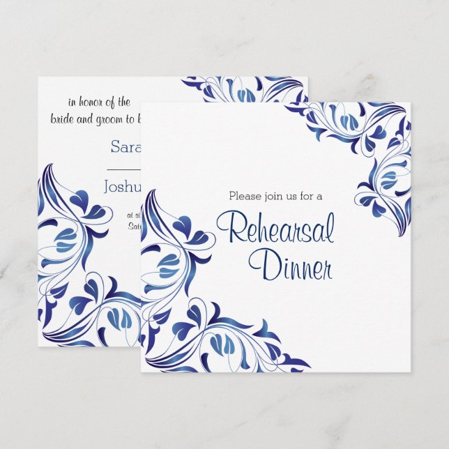 Modern Day Dark Blue Floral - Rehearsal Dinner Invitation (Front/Back)