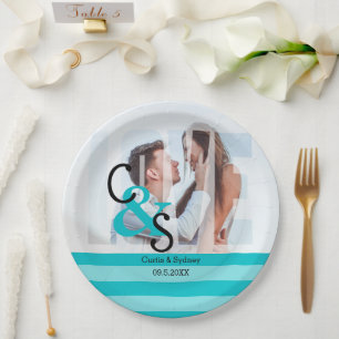 Modern Day Photo Love Couple Party - Turquoise Pap Paper Plate