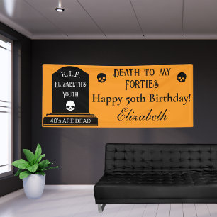 Modern Death to My 40s Orange 50th Birthday Party Banner