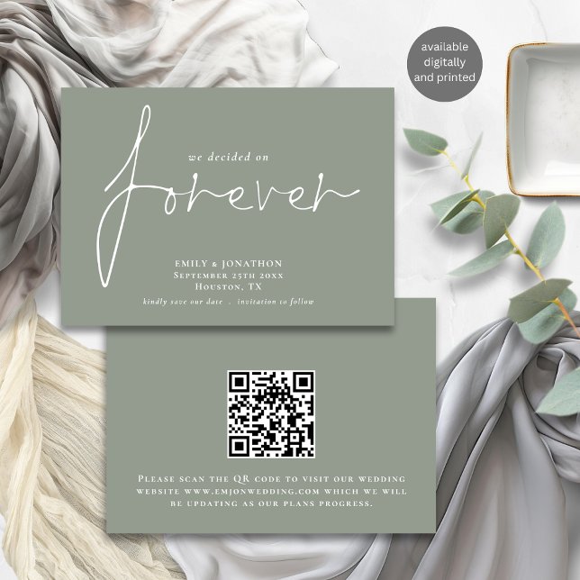 Modern Decided On Forever QR Code Sage Green Save The Date (Front and back view)