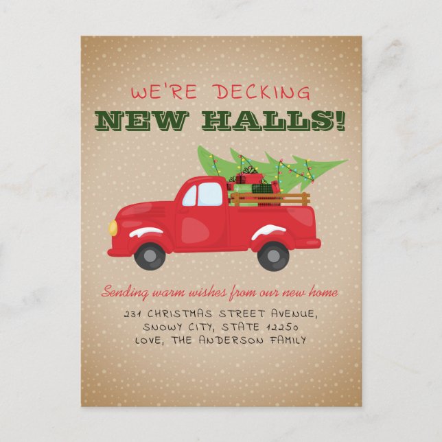 Modern Decking New Halls Red Truck Holiday Moving Announcement Postcard (Front)