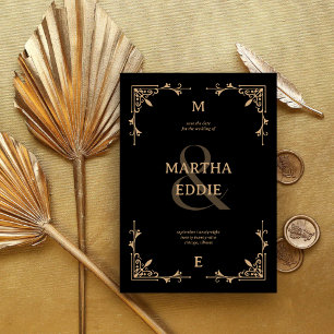 Modern Deco Black and Gold Photo Back Wedding Save The Date