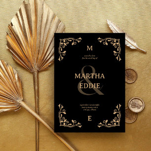 Modern Deco Black and Gold Photo Back Wedding Save The Date
