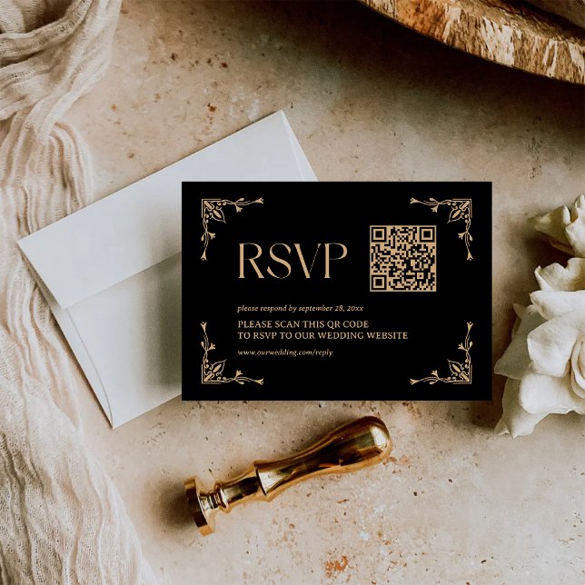 Modern Deco | Black and Gold Wedding QR Code RSVP Card (Modern deco black and gold QR code RSVP card simplifies guest replies with elegant style)
