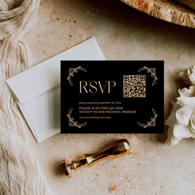 Modern Deco | Black and Gold Wedding QR Code RSVP Card (Creator Uploaded)