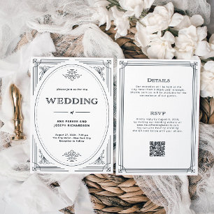 Modern Deco Black and White All in One Wedding Invitation