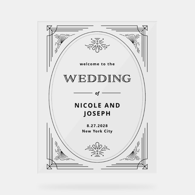 Modern Deco | Black and White Wedding Welcome Acrylic Sign (Front)