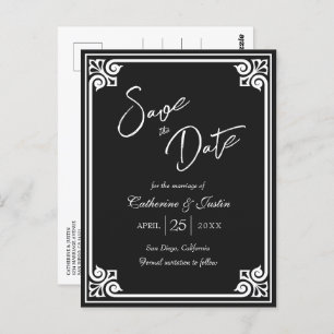 Modern Deco Black Peacock Photo Save The Date Postcard