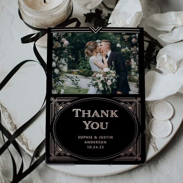 Modern Deco Black | Thank You Card Rose Gold Foil (A glamorous, vintage art deco style wedding thank you card with rose gold foil on black, with photos)