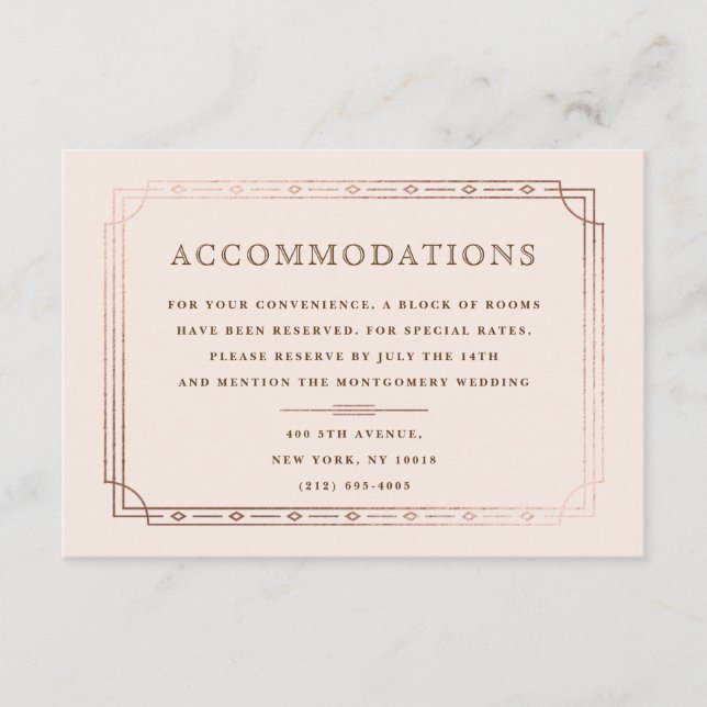 Modern Deco Blush Rose Gold Wedding Accommodations Enclosure Card (Front)