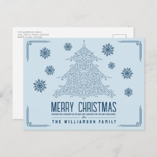 Modern Deco Christmas Tree Snowflakes Light Blue Holiday Postcard