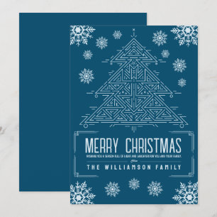 Modern Deco Christmas Tree Snowflakes Navy Blue Holiday Card