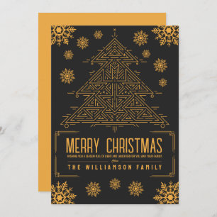 Modern Deco Christmas Tree Snowflakes Orange Black Holiday Card
