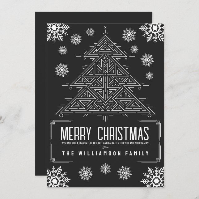 Modern Deco Christmas Tree Snowflakes White Black Holiday Card (Front/Back)