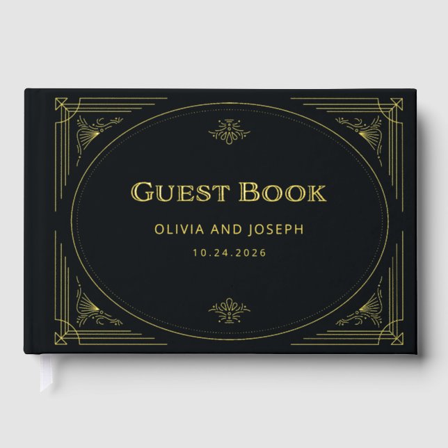 Modern Deco | Elegant Black and Gold Foil Wedding Guest Book (Front)