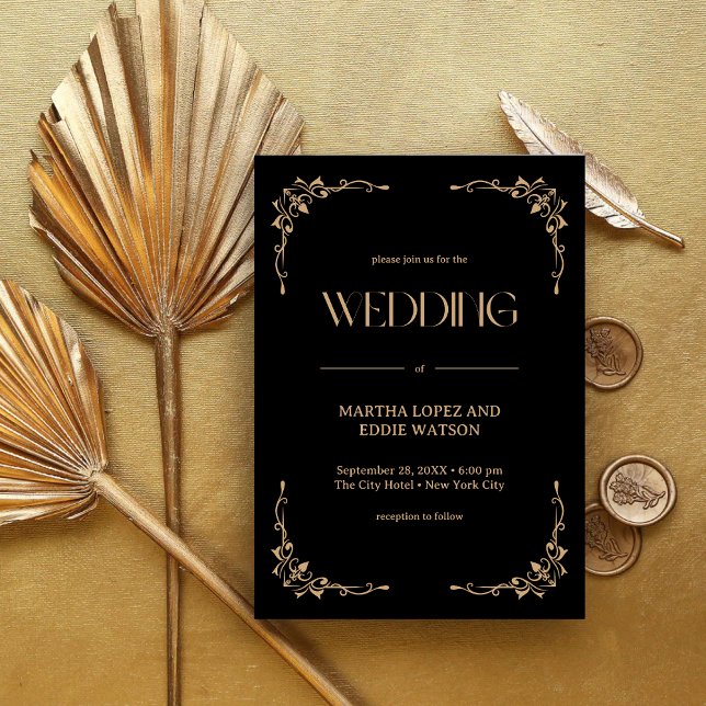 Modern Deco | Elegant Black and Gold Wedding Invitation (Elegant black and gold wedding invitation sets a luxe tone for your day with custom details)