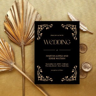 Modern Deco   Elegant Black and Gold Wedding Invitation