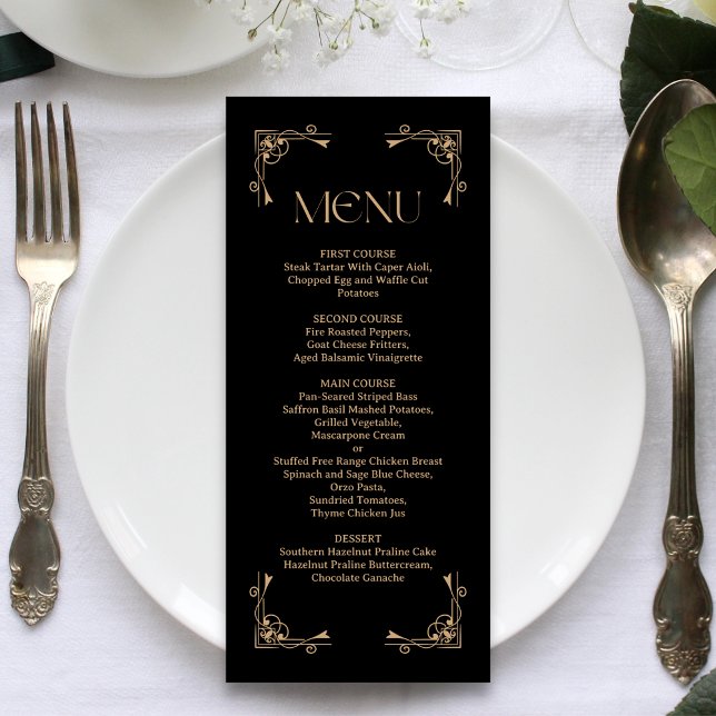 Modern Deco | Elegant Black and Gold Wedding Menu (Elegant black and gold wedding menu elevates your table with refined style and easy reading)
