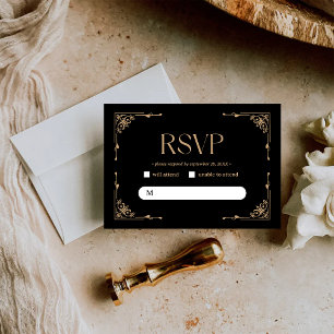 Modern Deco Elegant Black and Gold Wedding RSVP Card