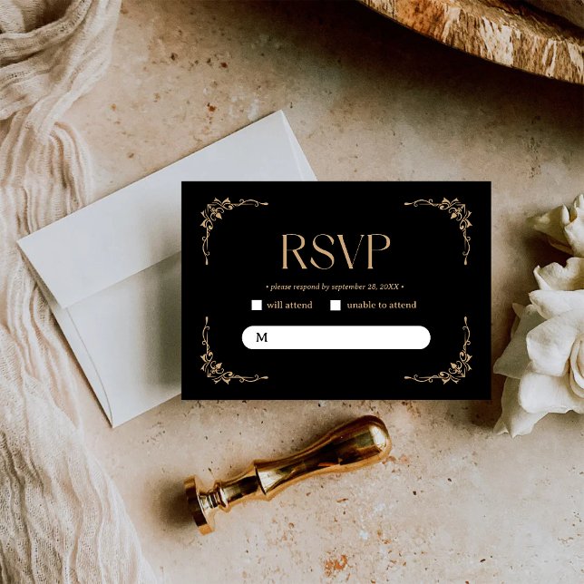 Modern Deco | Elegant Black and Gold Wedding RSVP Card (Creator Uploaded)
