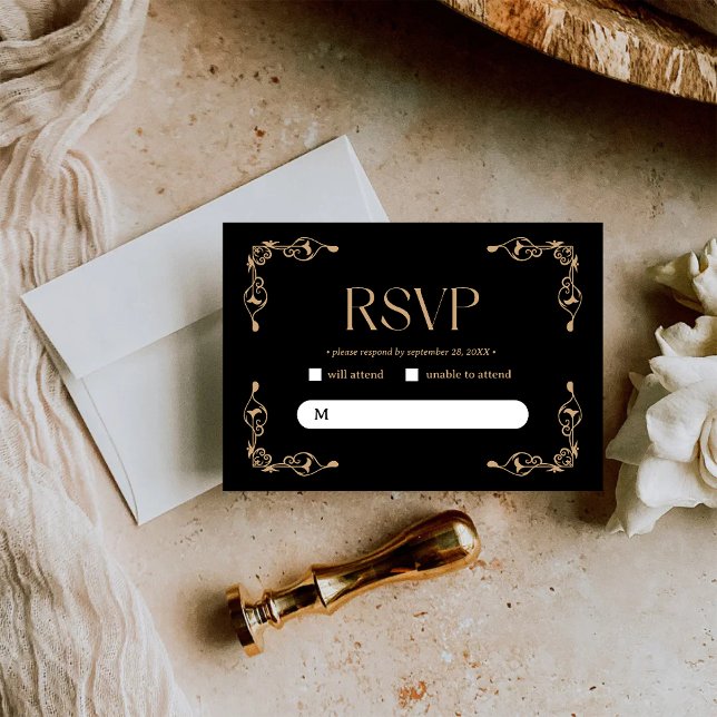Modern Deco | Elegant Black and Gold Wedding RSVP Card (Creator Uploaded)