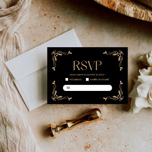 Modern Deco Elegant Black and Gold Wedding RSVP Card