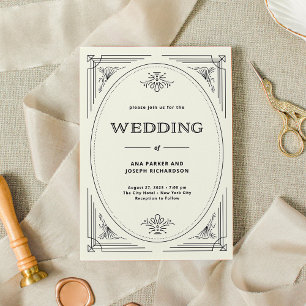 Modern Deco   Elegant Black and Ivory Wedding Invitation