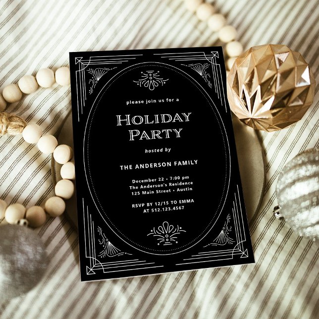 Modern Deco | Elegant Black Holiday Party Invitation (An elegant, art deco style black holiday party invitation)