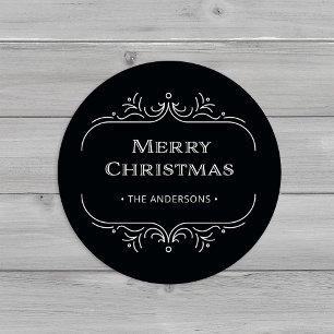 Modern Deco Elegant Black Merry Christmas Classic Round Sticker