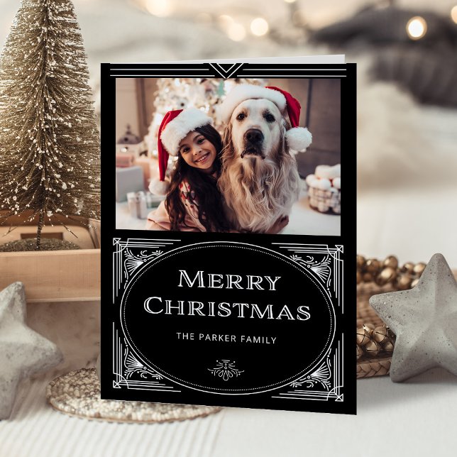 Modern Deco | Elegant Black with Photo Holiday Card (An elegant, dark black holiday card with classic art deco elements)