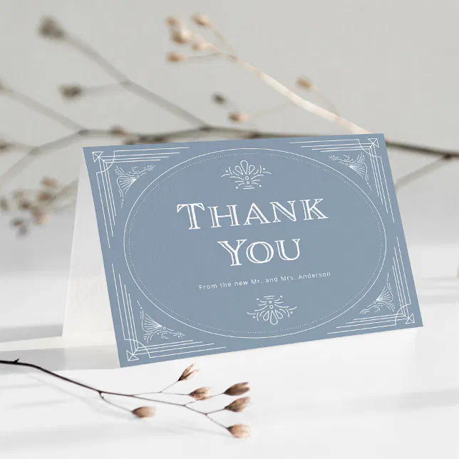 Modern Deco | Elegant Dusty Blue and White Wedding Thank You Card | Zazzle