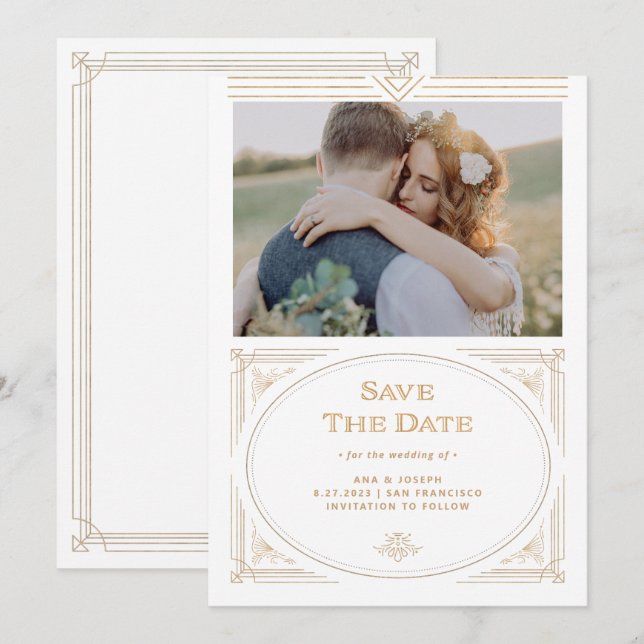 Modern Deco | Elegant Faux Gold and White Photo Save The Date (Front/Back)