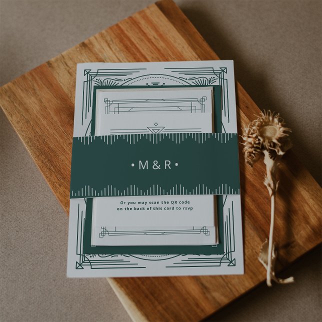 Modern Deco | Elegant Festive Green with Monograms Invitation Belly Band (Festive green art deco style belly bands for your elegant holiday wedding)
