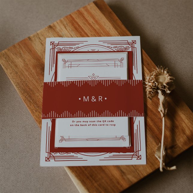 Modern Deco | Elegant Festive Red with Monograms Invitation Belly Band (Festive red art deco style belly bands for your elegant holiday wedding)