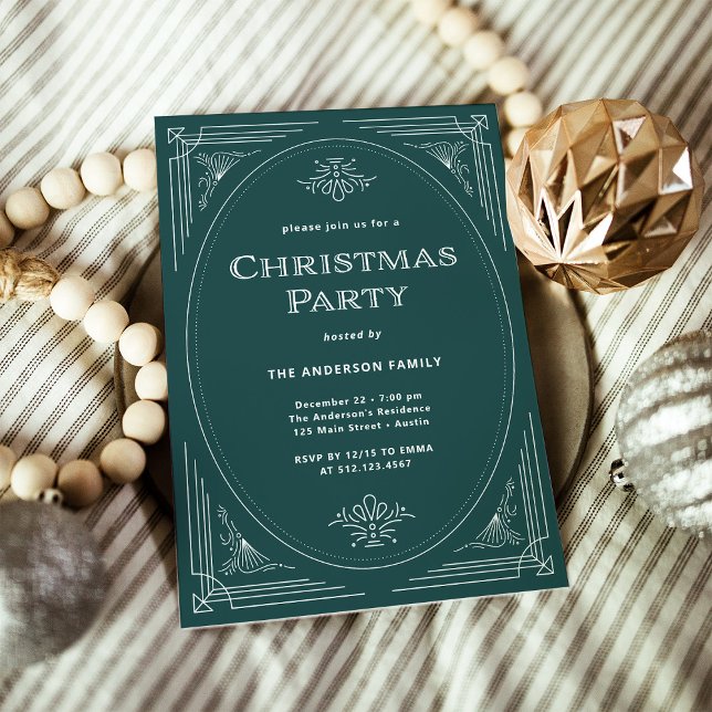 Modern Deco | Elegant Green Christmas Party Invitation (An elegant, green art deco style Christmas party invitation)
