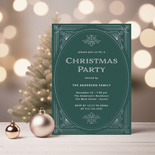 Modern Deco | Elegant Green Christmas Party Silver (An elegant art deco style Christmas party invitation in silver foil with a festive green background)
