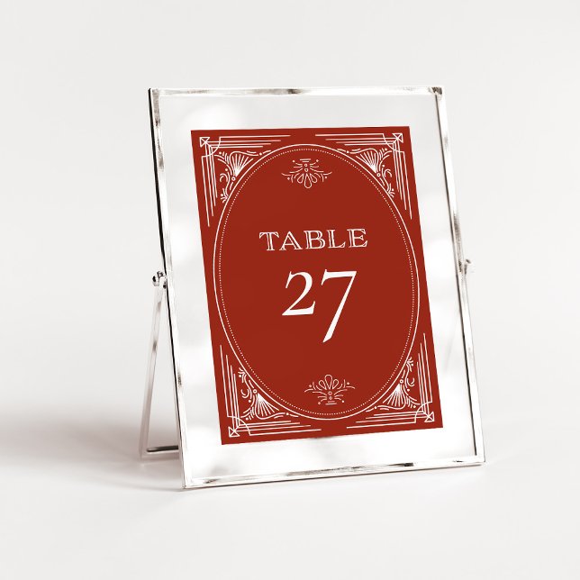 Modern Deco | Elegant Holiday Red Wedding Table Number (Festive red table numbers in an elegant art deco style for your holiday wedding)