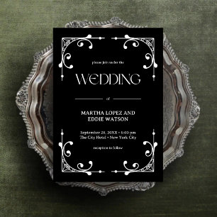 Modern Deco Elegant Onyx Black and White Wedding Invitation