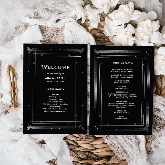 Modern Deco | Elegant Onyx Black and White Wedding Programme (A vintage, art deco style wedding program in dark onyx black)